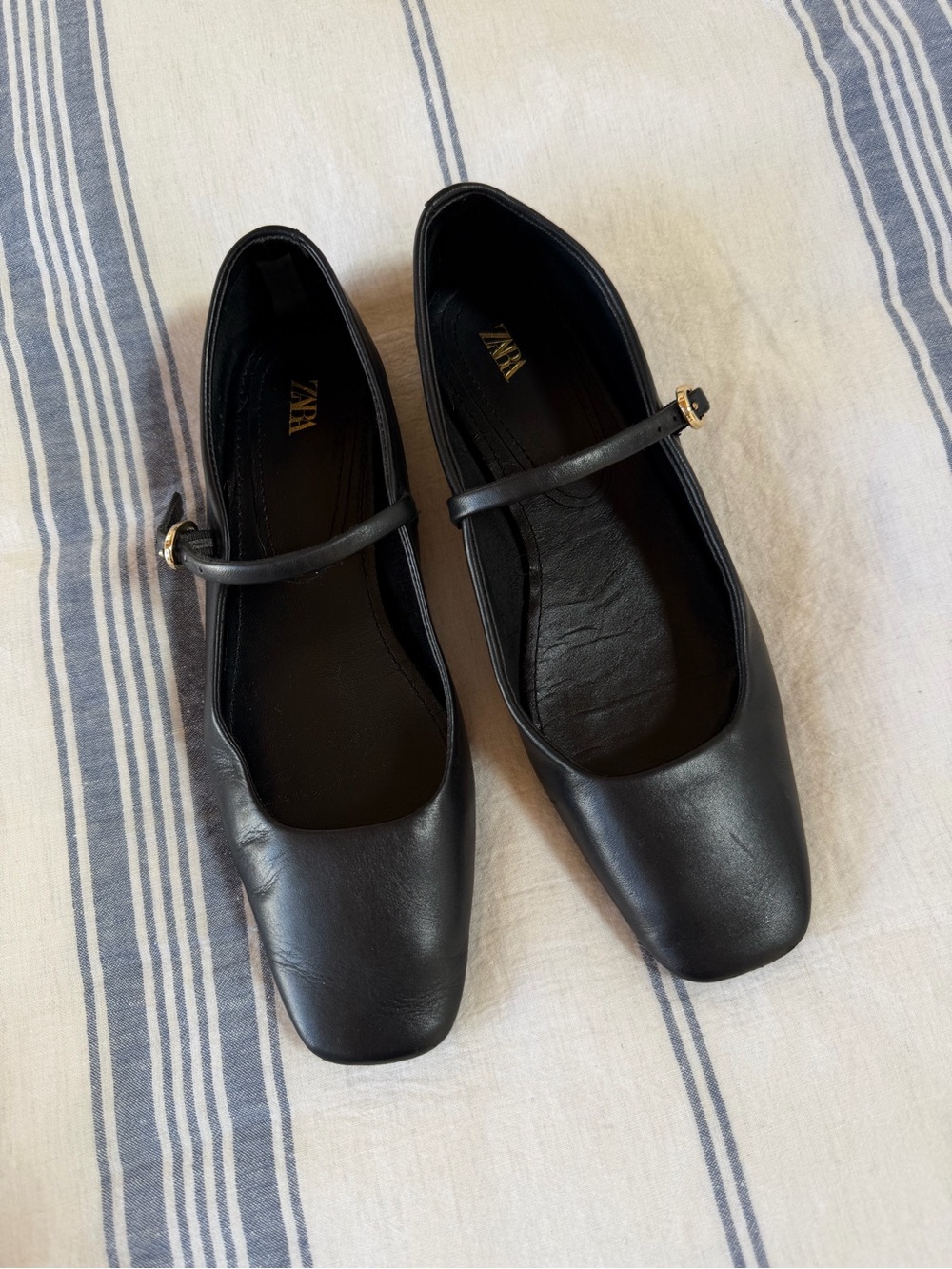 Zara Black Leather Mary Jane Ballet Flats